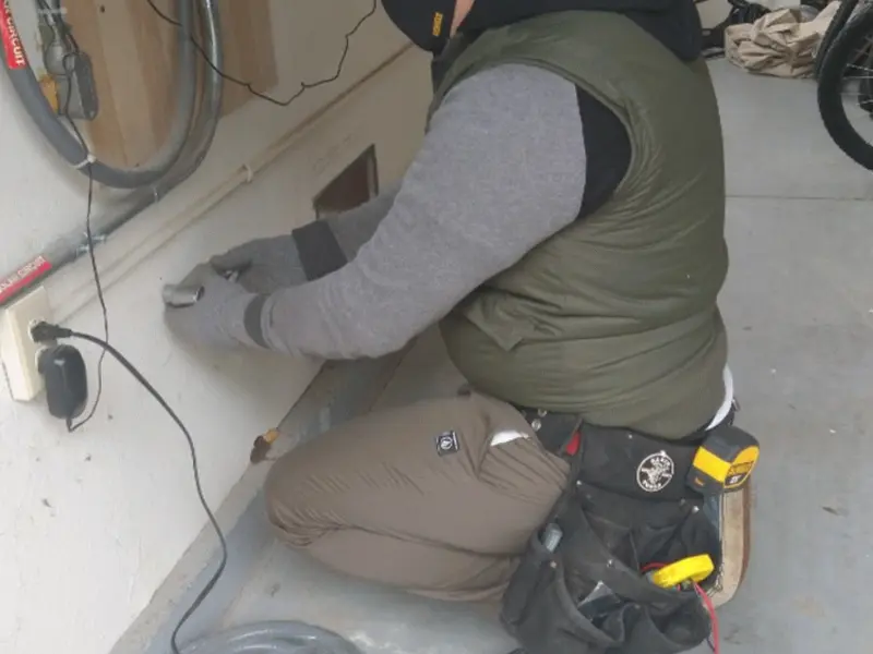 Electrician performing outlet wiring in a New Bremen garage